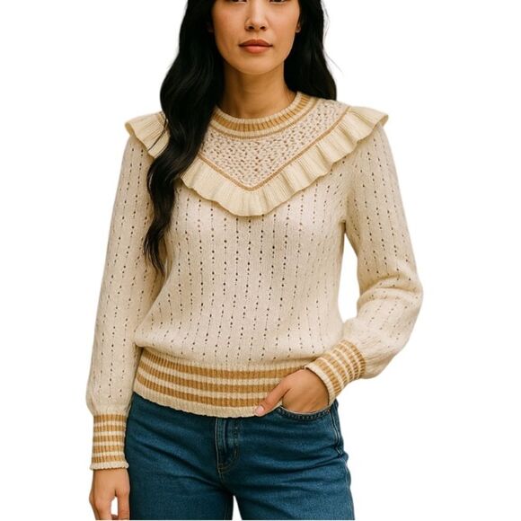 Anthro. Broadway 38 Pointelle Coquet Sweater L ivory ruffle neck - Picture 1 of 5